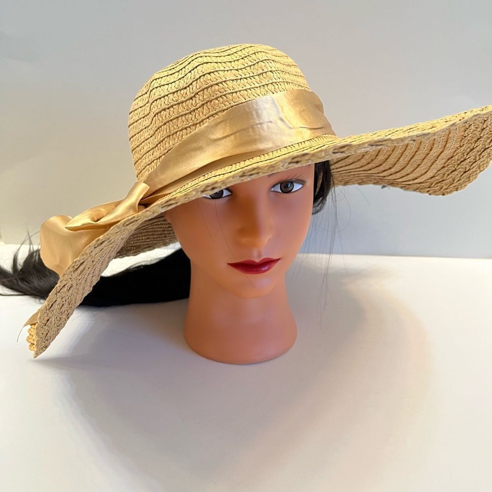 Floppy Straw Sun Hat 5” w/ Silk Bow - Tan - Picture 7 of 8